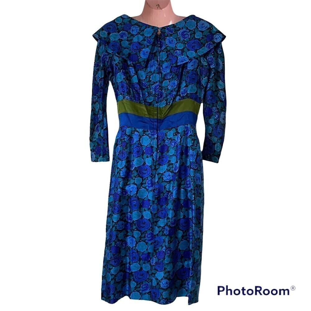 Vintage 60s Womens Dress Abe Schrader for Lord and Taylor Blue Roses Cocktail - Picture 3 of 6